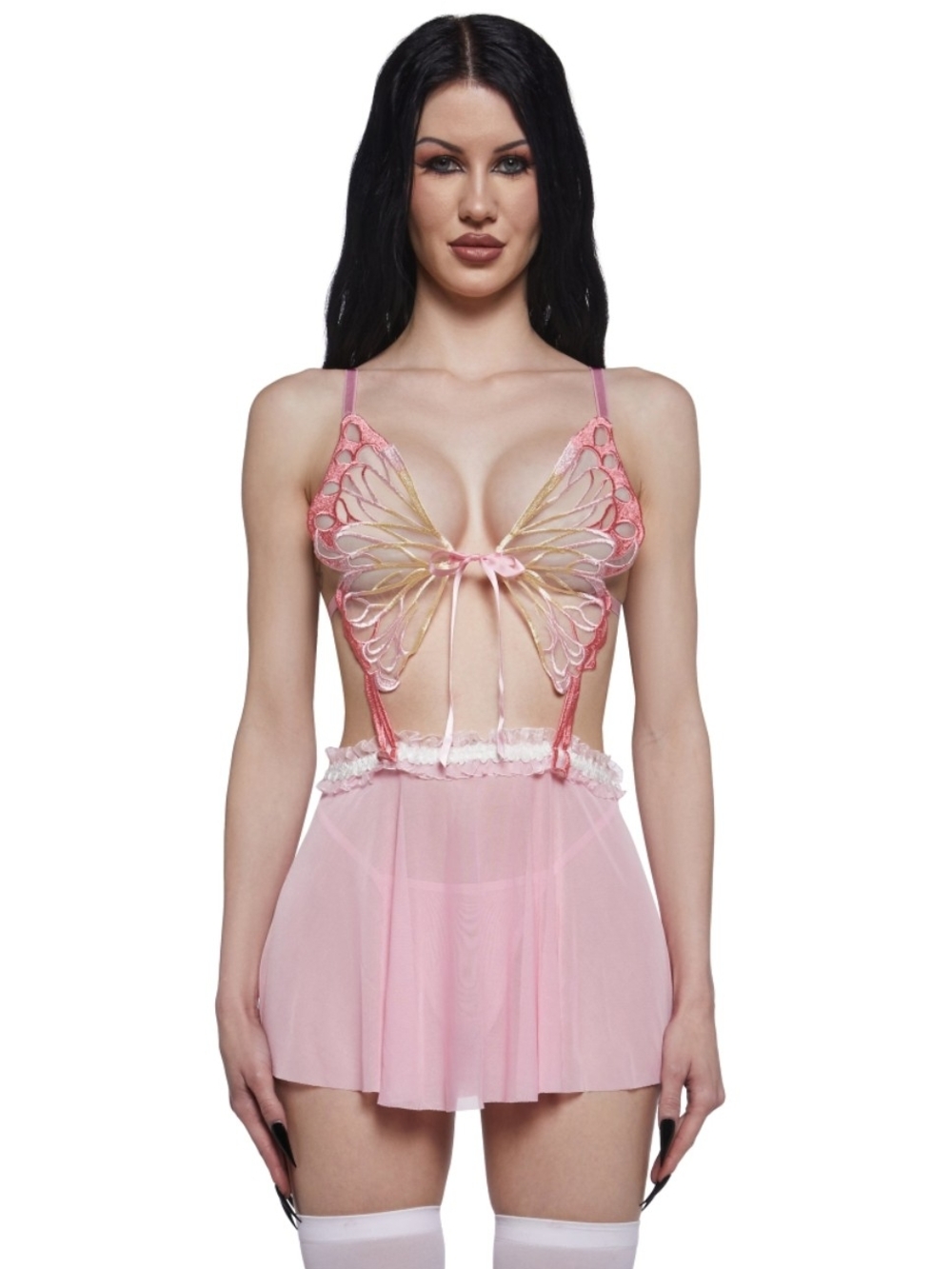 Sugar Thrillz Pink Butterfly Lace Chemise with Sheer Skirt
